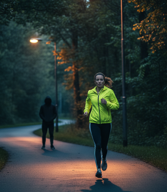 female runner on path with suspicious person