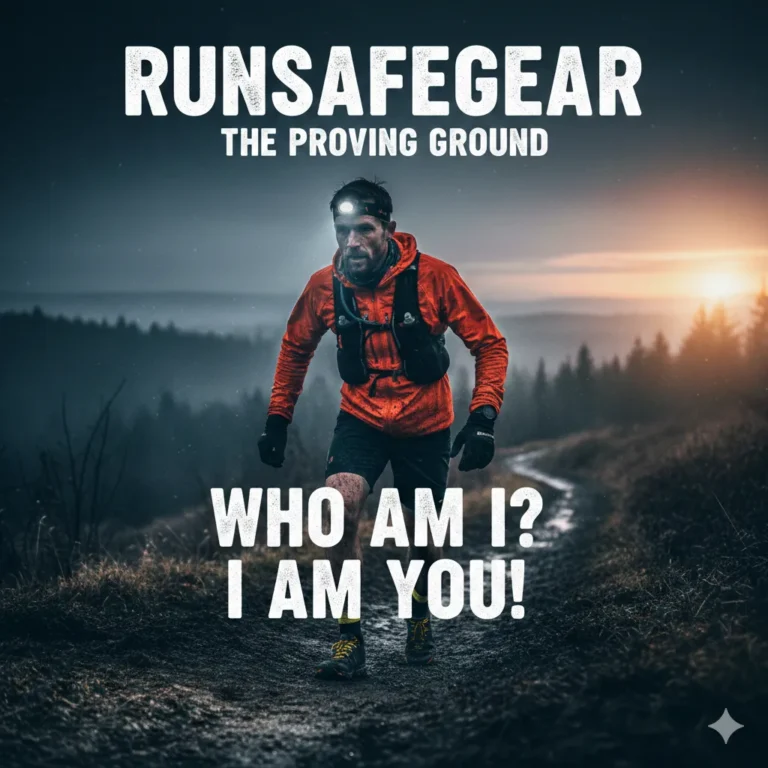RunSafeGear a male runner on a muddy trail with the words who am I? I am you!